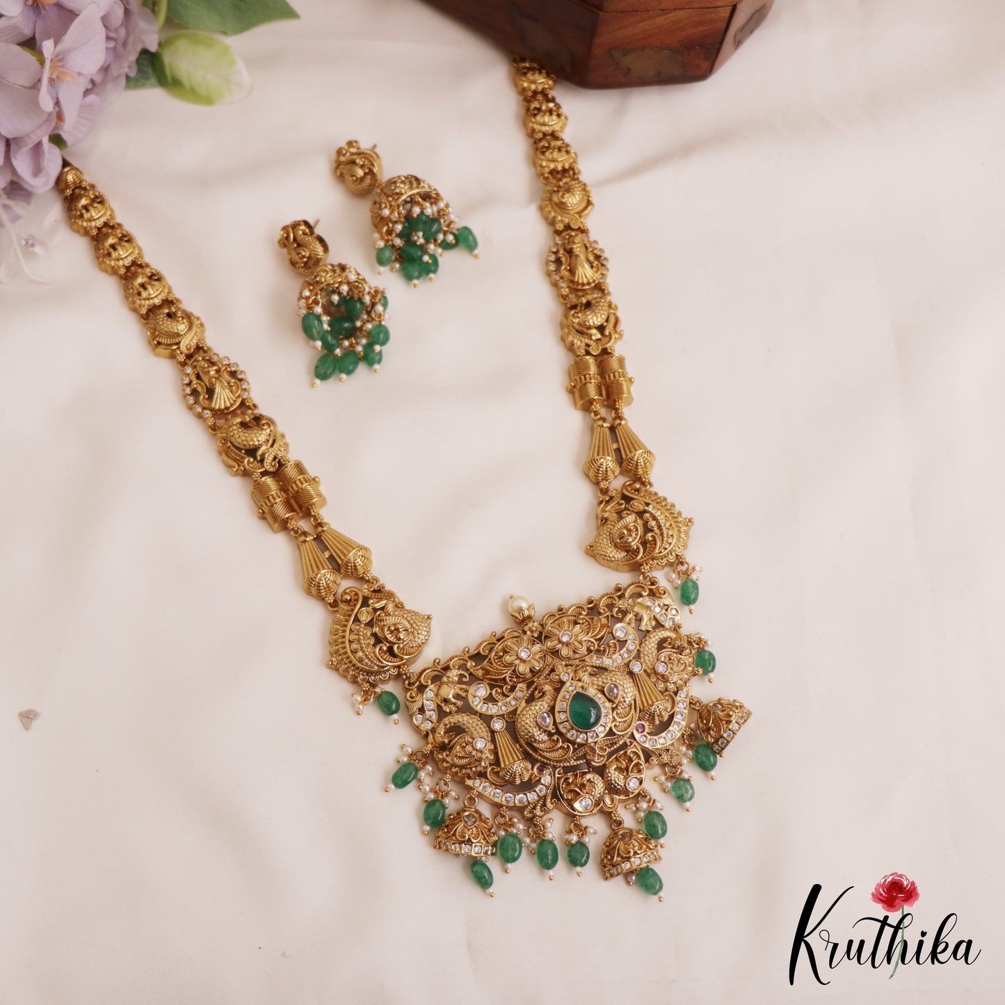 Gorgeous Antique Peacock Motifs Haaram With Bead Drops LH2055 (Available In 3 Colors)