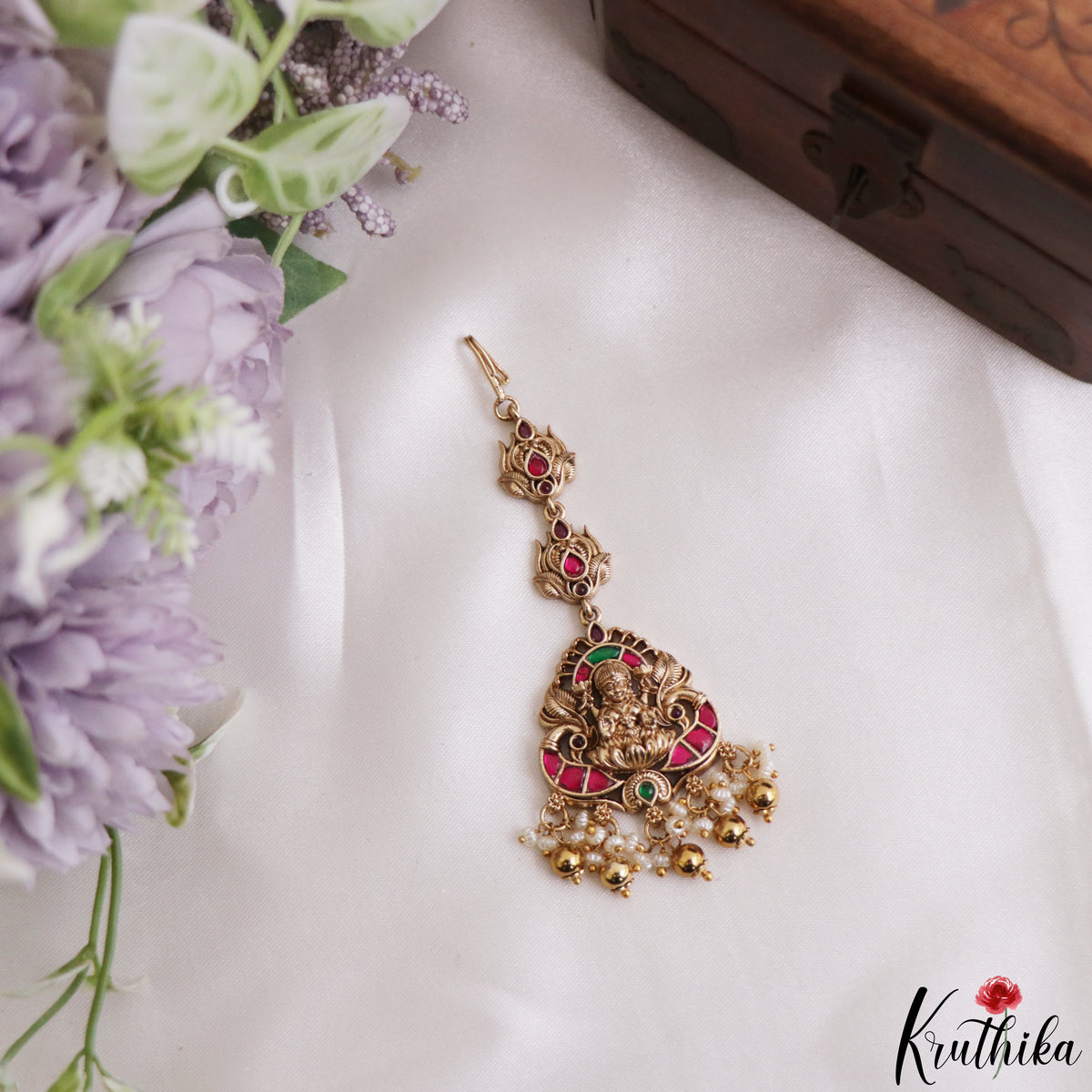 Classic Antique Lakshmi Peacock Motifs Jadau Maang Tikka With Pearl Bead Drops MT406 (Available In 4 Colors)