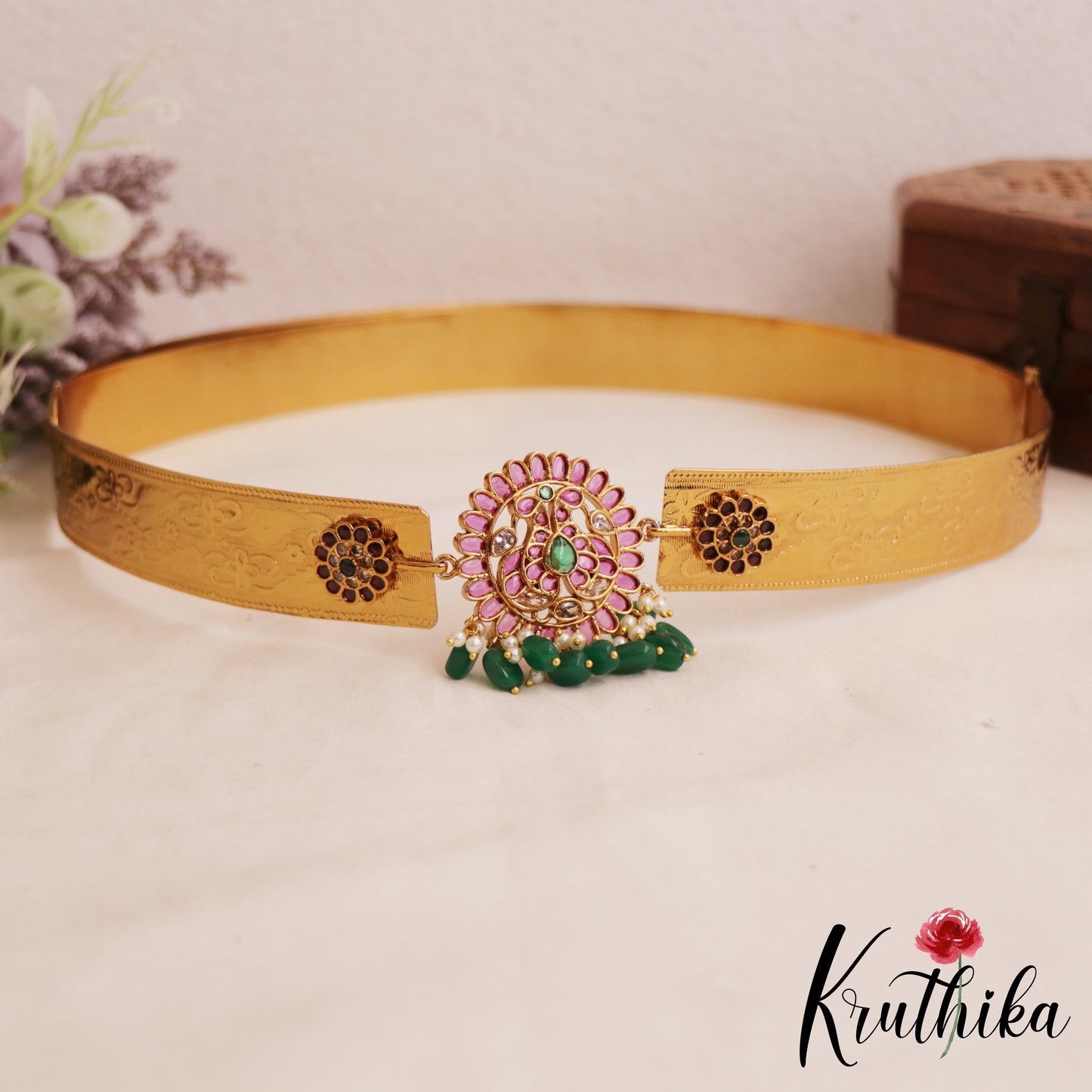 Elegant Floral Peacock Motifs Hip Belt With Green Bead Drops V365