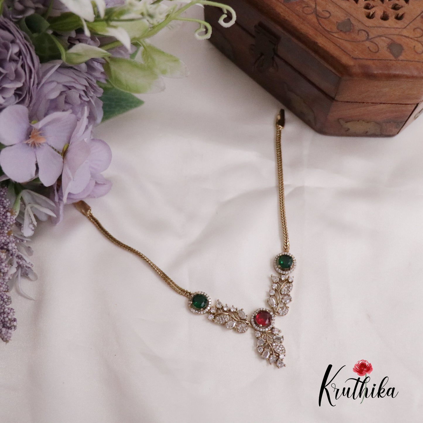 Simple AD Stone Floral  Necklace Set NC2229  (Available in 5 Colours)