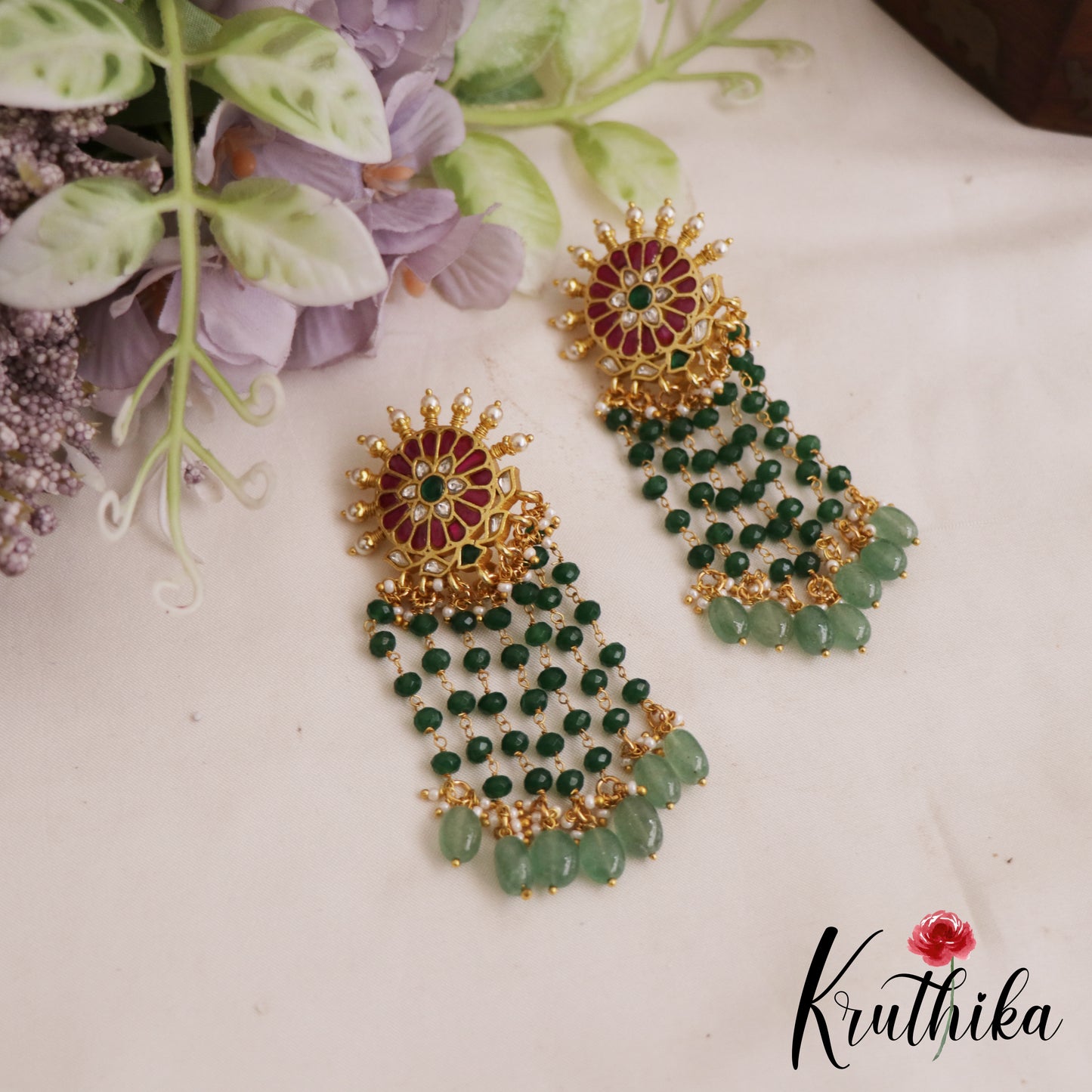 Gorgeous Floral Motifs Jadau Earrings With Multi Layered Bead Drops E1065