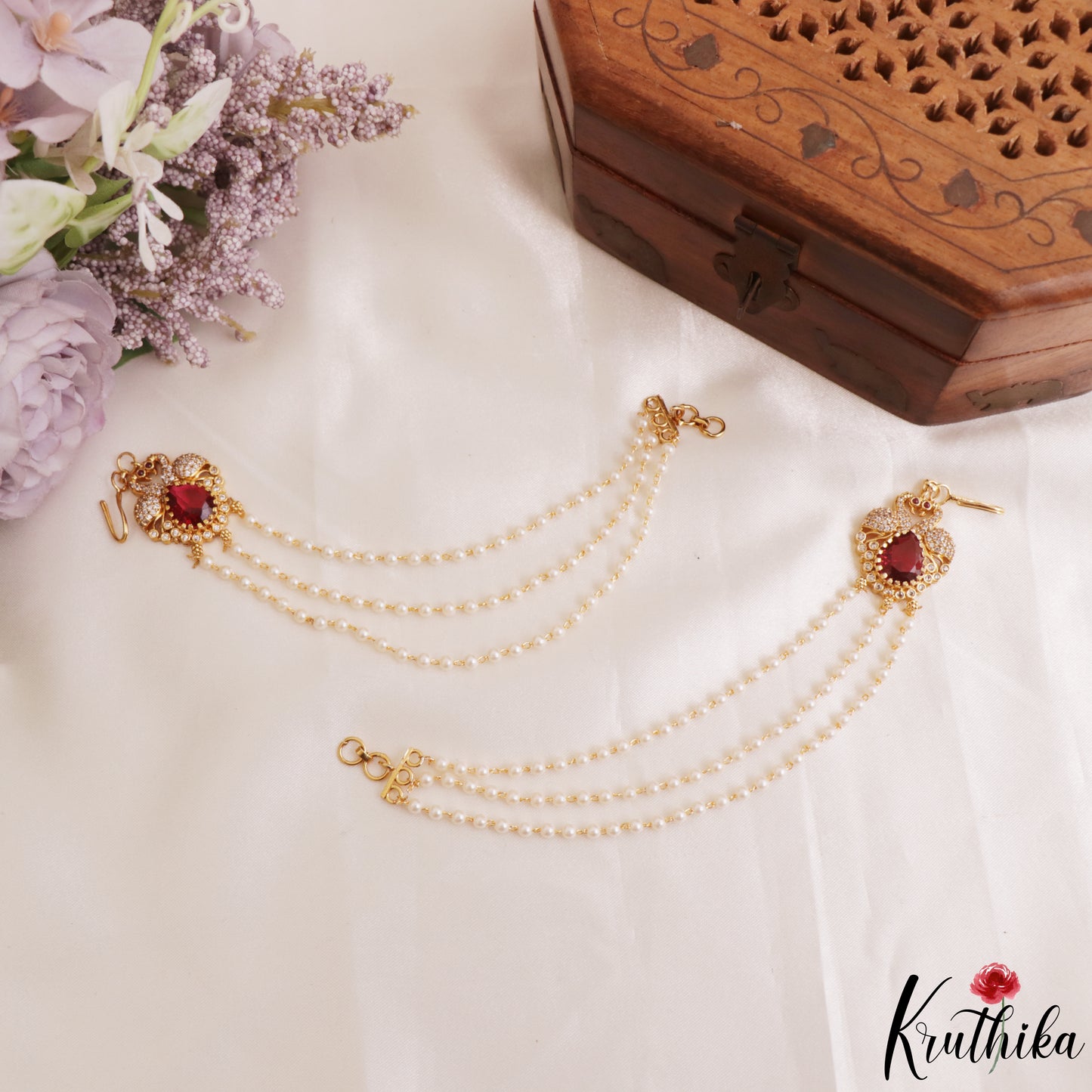 Sparkling CZ Peacock Motifs Multi Pearl Strand Earchains EC227 (Available In 2 Colors)