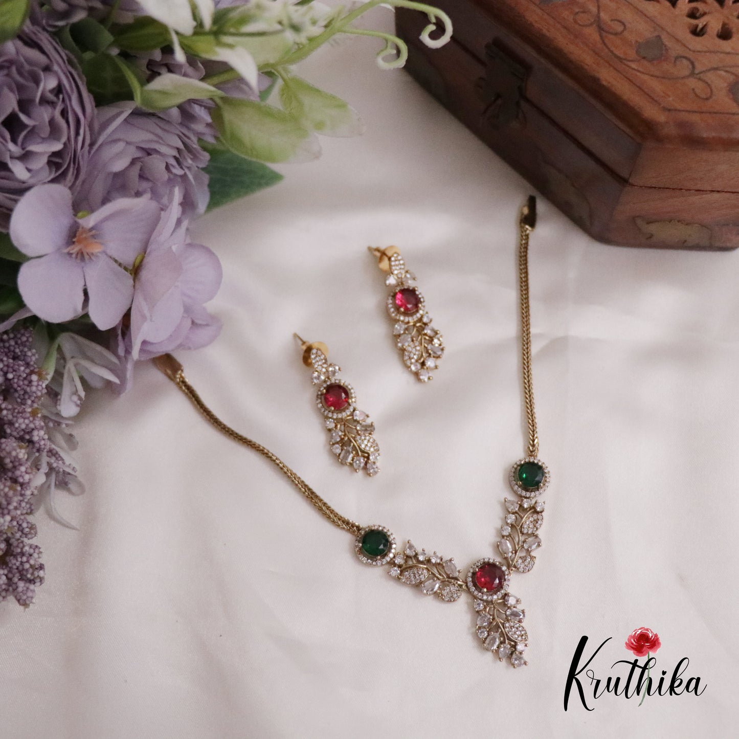 Simple AD Stone Floral  Necklace Set NC2229  (Available in 5 Colours)