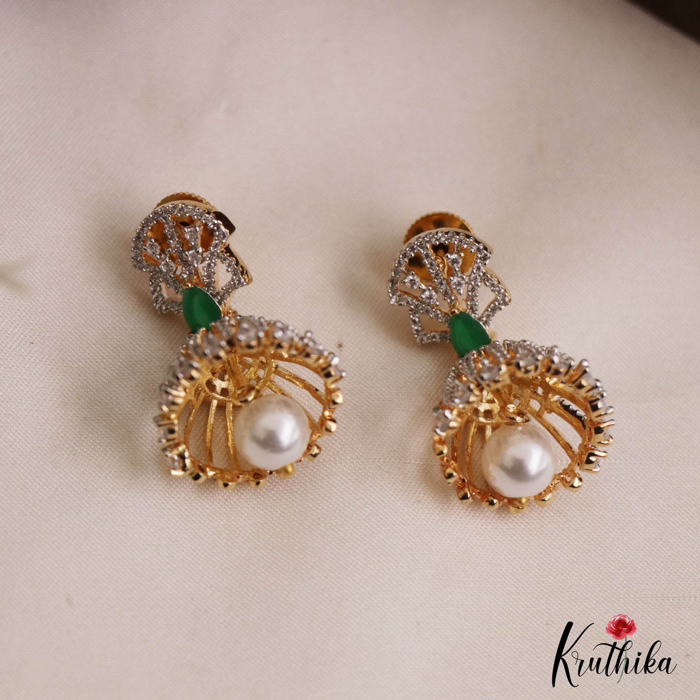 Trendy Gold-Tone AD Jhumkas With Pearl Drop E1108 (Available In 3 Colors)