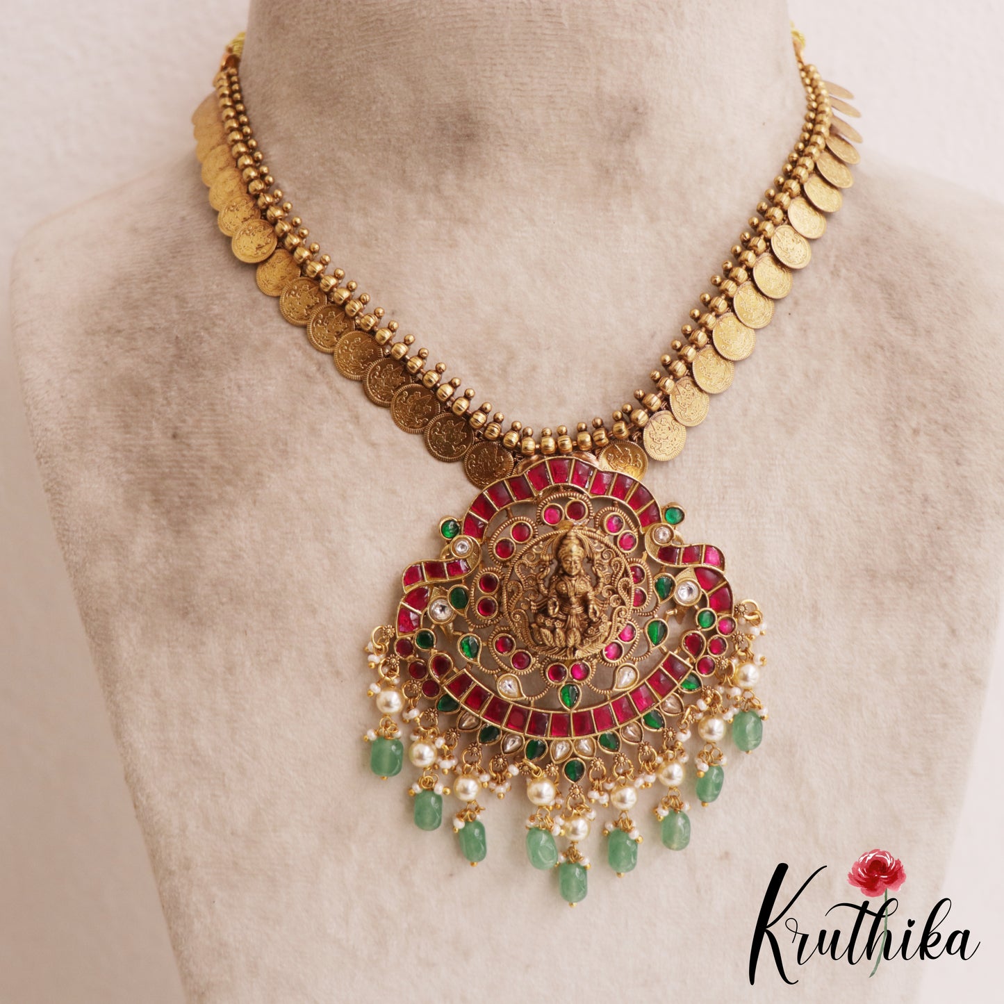 Gorgeous Antique Nagas Lakshmi Peacock Kasu Jadau Necklace With Green Bead Drops NC2833