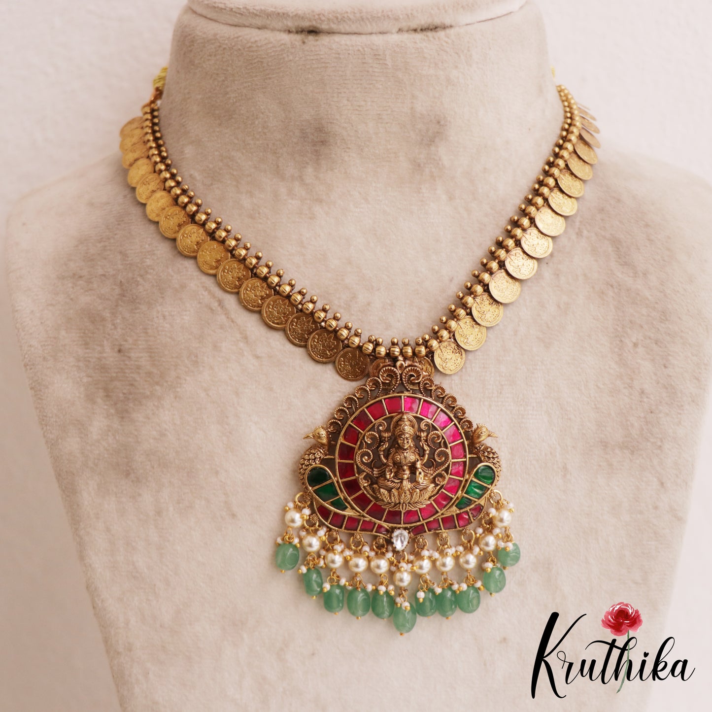 Premium Antique Nagas Lakshmi Peacock Kasu Jadau Necklace With Green Bead Drops NC2832