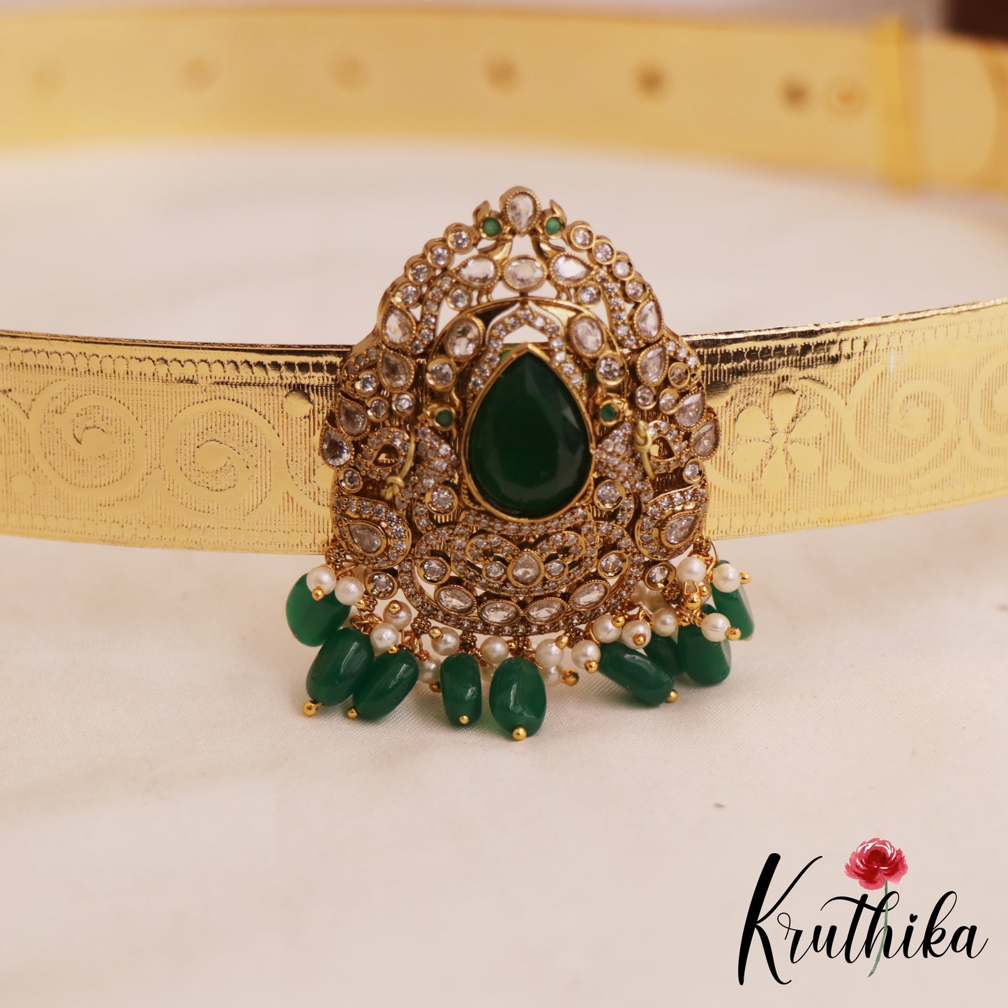 Spakling Teardrop Peacock Motifs AD Victorian Hip Belt With Bead Drops V370 (Available In 4 Colors)