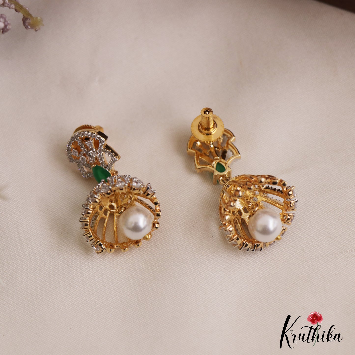 Trendy Gold-Tone AD Jhumkas With Pearl Drop E1108 (Available In 3 Colors)
