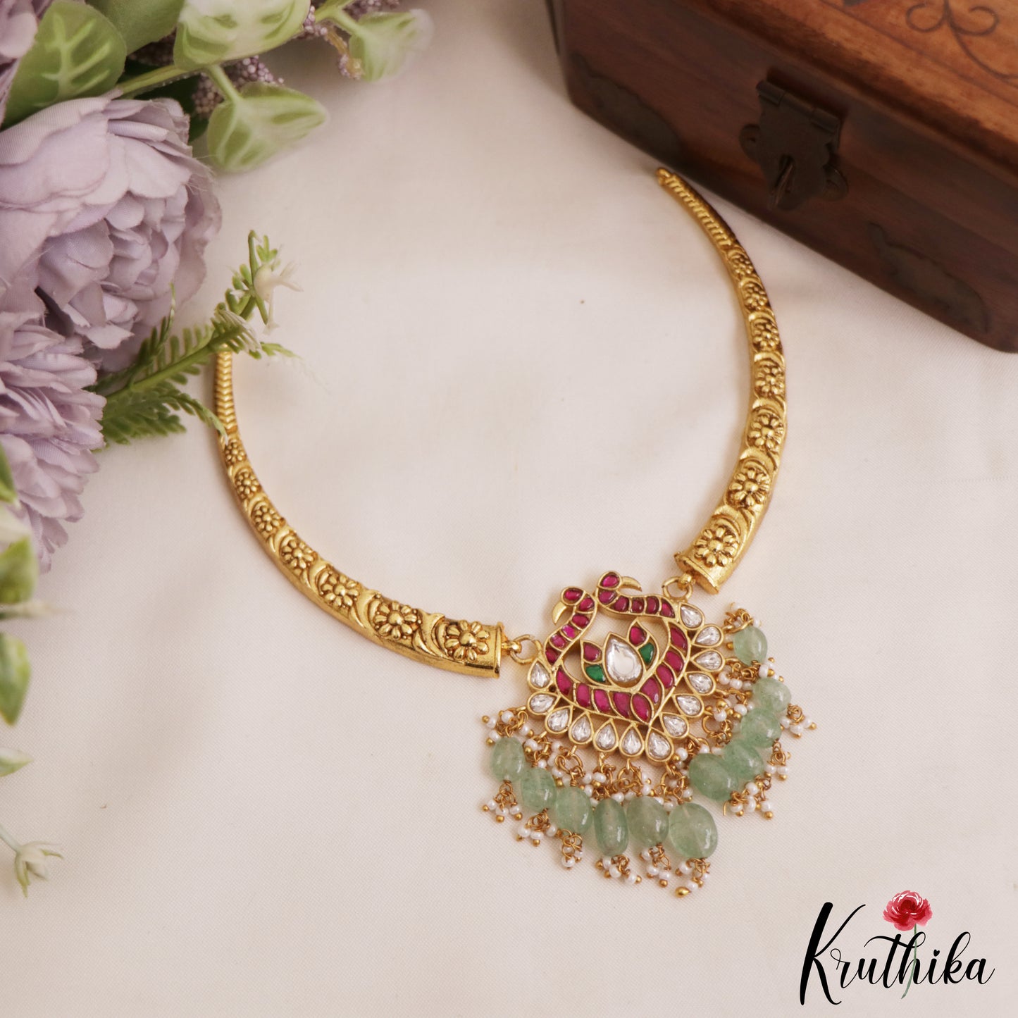 Pretty Peacock Motifs Hasli Jadau Choker With Green Bead Drops NC2957
