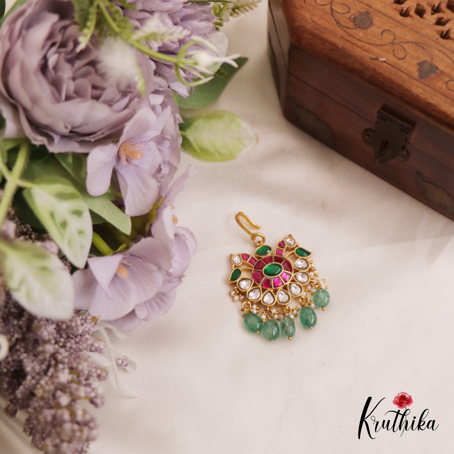 Elegant Floral Peacock Motifs Jadau Maang Tikka With Green Bead Drops MT370