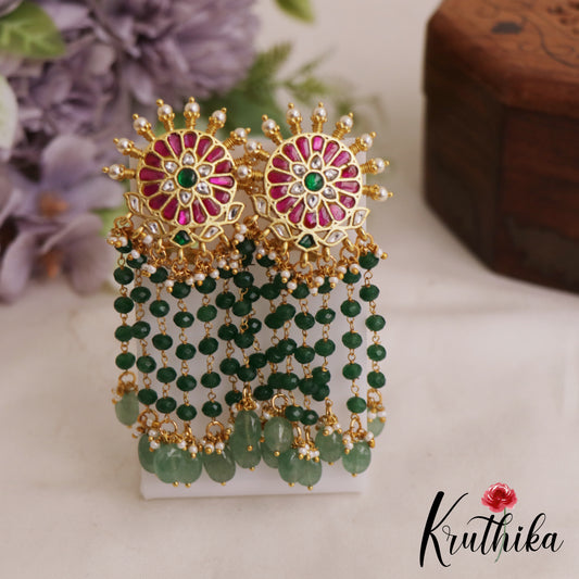 Gorgeous Floral Motifs Jadau Earrings With Multi Layered Bead Drops E1065