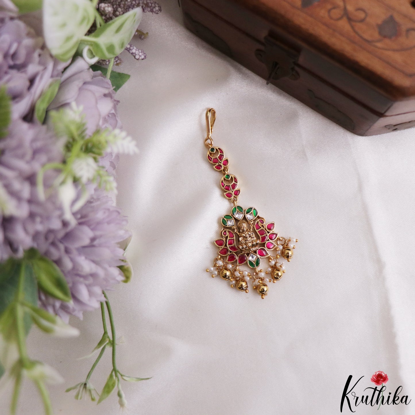 Elegant Antique Lakshmi Motifs Jadau Maang Tikka With Golden Bead Drops MT404 (Available In 4 Colors)
