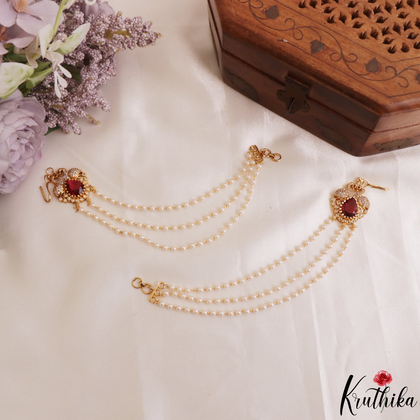 Sparkling CZ Peacock Motifs Multi Pearl Strand Earchains EC227 (Available In 2 Colors)