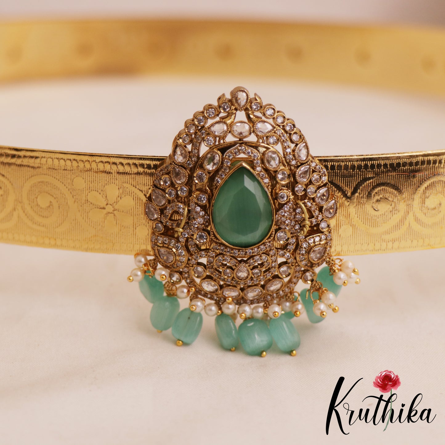 Spakling Teardrop Peacock Motifs AD Victorian Hip Belt With Bead Drops V370 (Available In 4 Colors)