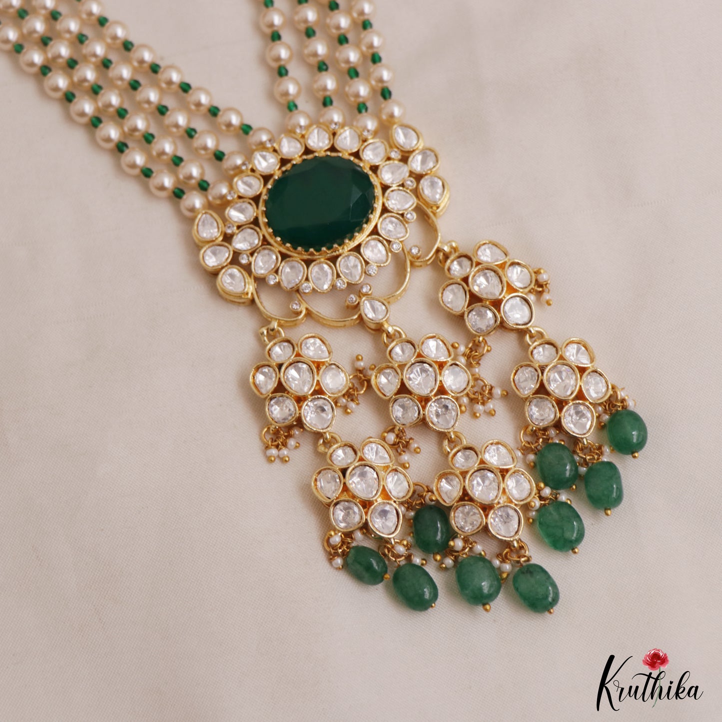 Stunning Floral Motifs Multi Pearl Layered Polki Victorian Haaram With Green Bead Drops  LH2117