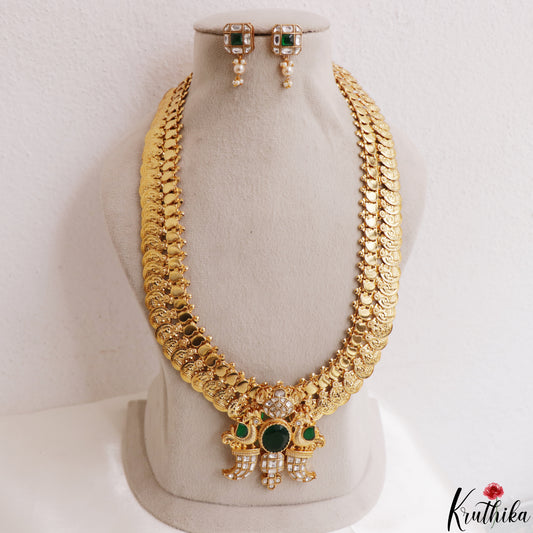 Premium Antique Lakshmi Kasu Jadau Haaram With Peacock Puligoru Pendant LH2188 (Available In 3 Colors)