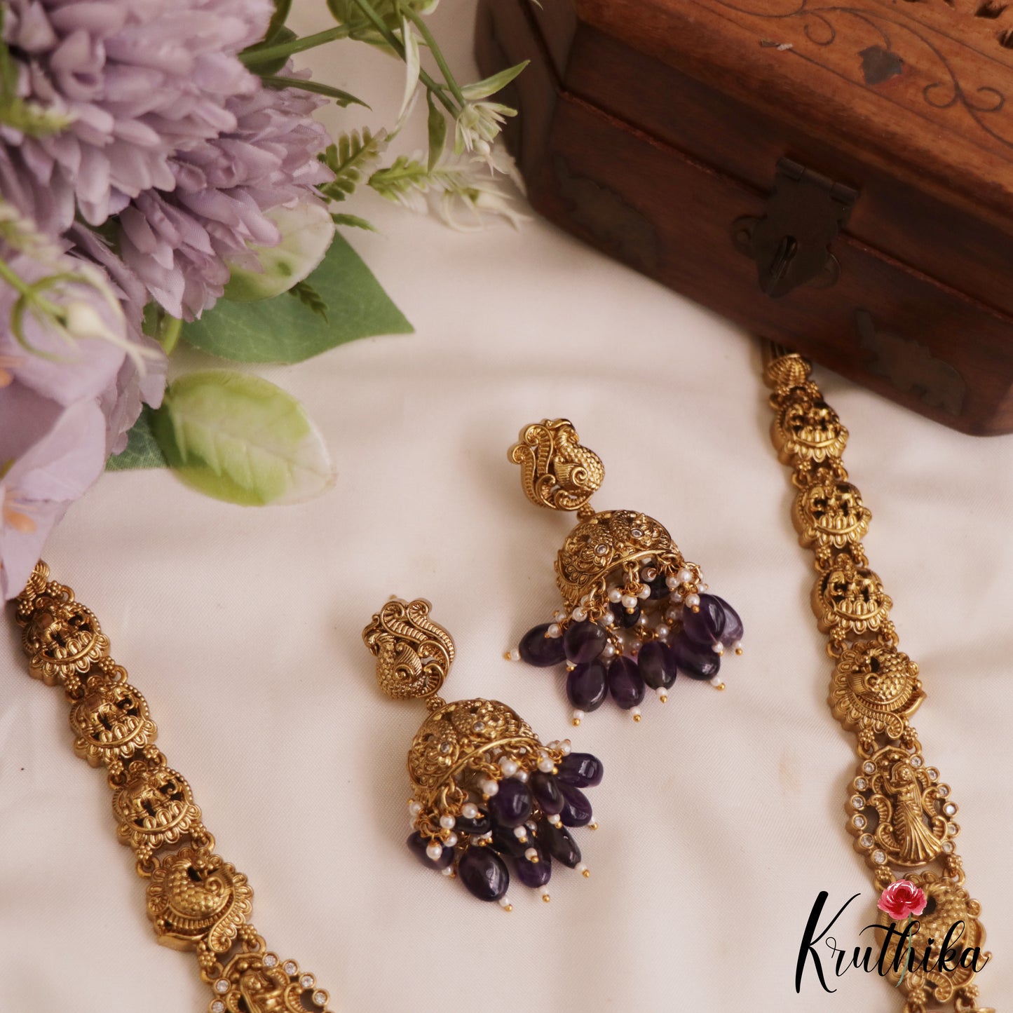 Gorgeous Antique Peacock Motifs Haaram With Bead Drops LH2055 (Available In 3 Colors)