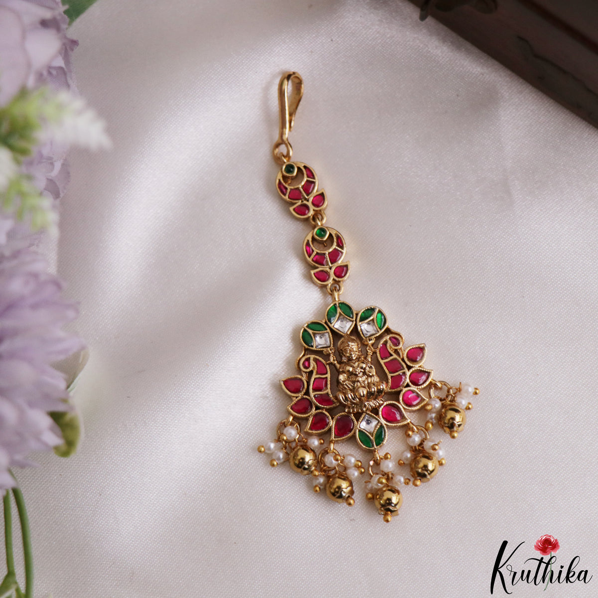 Elegant Antique Lakshmi Motifs Jadau Maang Tikka With Golden Bead Drops MT404 (Available In 4 Colors)