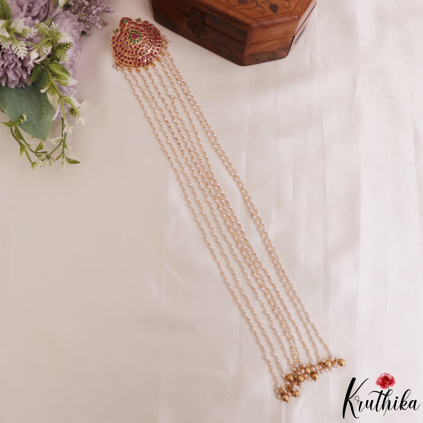Beautiful Peacock Motifs Multi Pearl Strand Kemp Jada Billa With Golden Bead Drops J416
