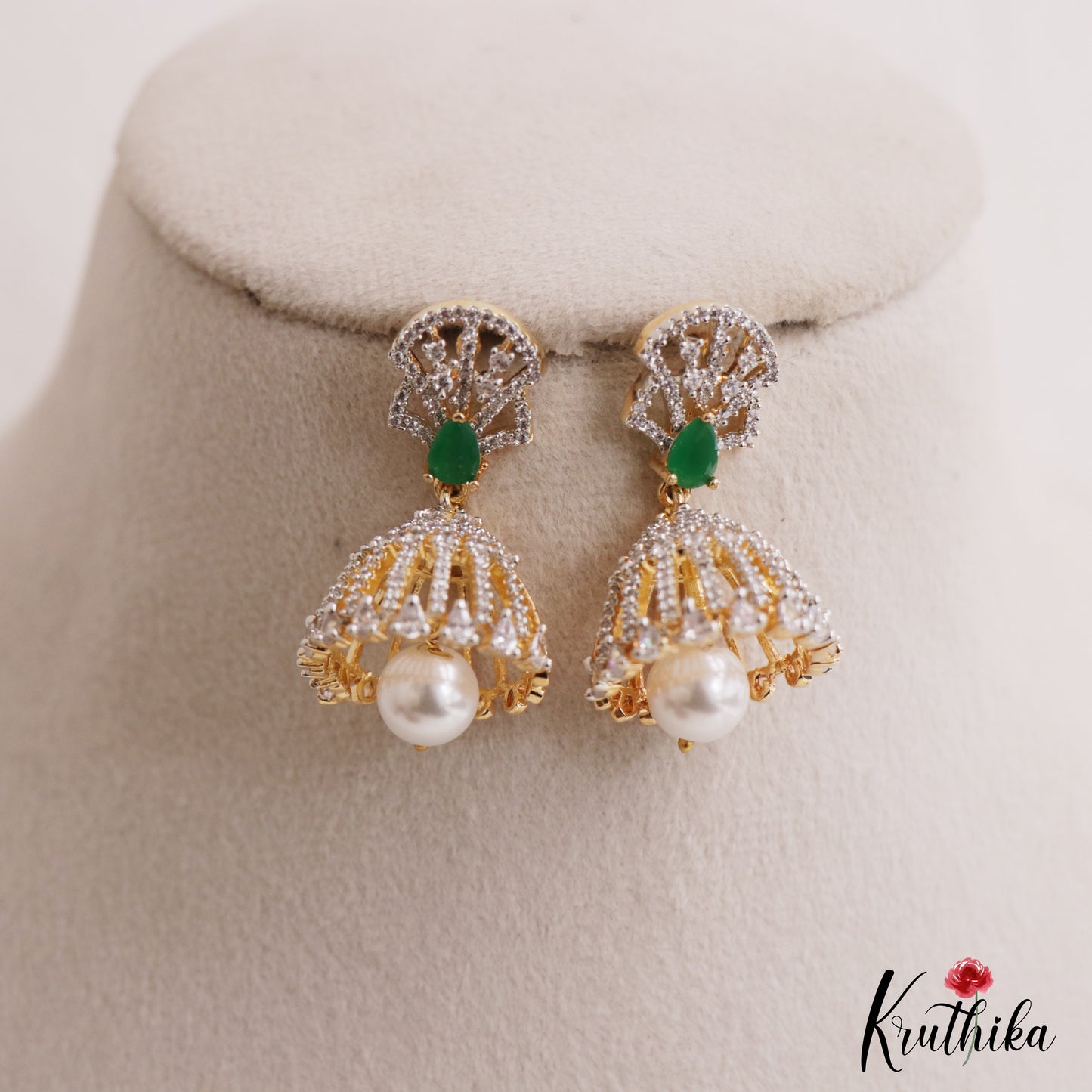 Trendy Gold-Tone AD Jhumkas With Pearl Drop E1108 (Available In 3 Colors)