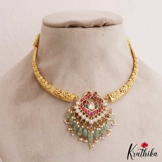 Pretty Peacock Motifs Hasli Jadau Choker With Green Bead Drops NC2957