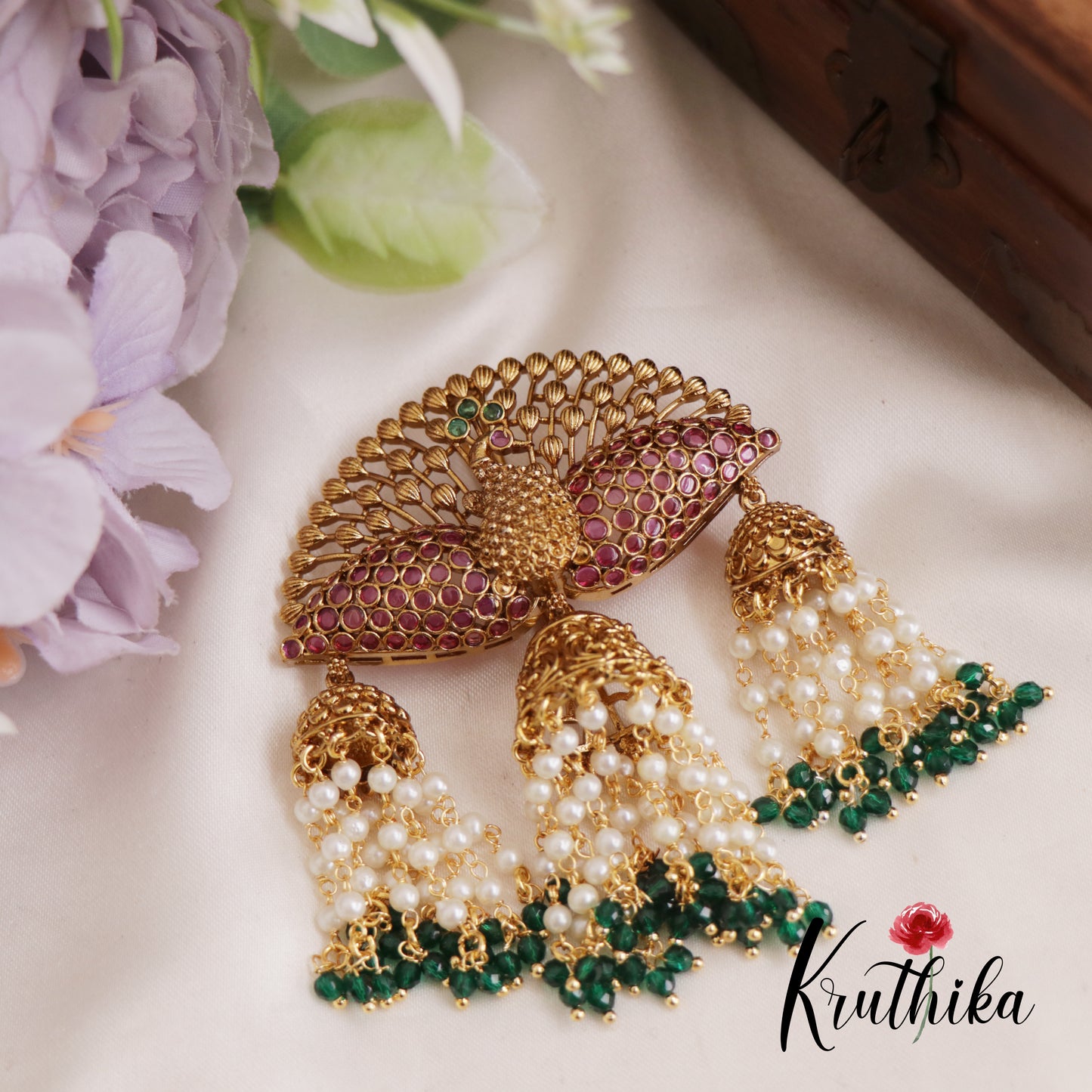 Stunning Kemp Peacock Motifs Jhumka Jada Billa With Bead And Pearl Strands J305 (Available In 2 Colors)