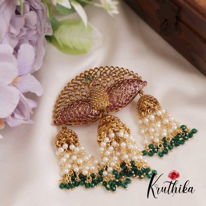 Stunning Kemp Peacock Motifs Jhumka Jada Billa With Bead And Pearl Strands J305 (Available In 2 Colors)