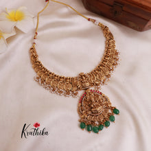 Beautiful Lakshmi Kasu Jadau necklace with green bead drops NC1875