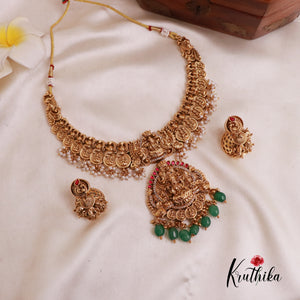 Beautiful Lakshmi Kasu Jadau necklace with green bead drops NC1875