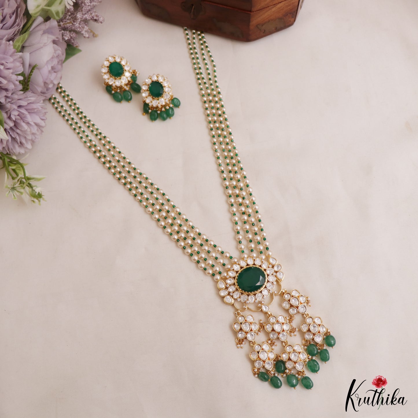 Stunning Floral Motifs Multi Pearl Layered Polki Victorian Haaram With Green Bead Drops  LH2117