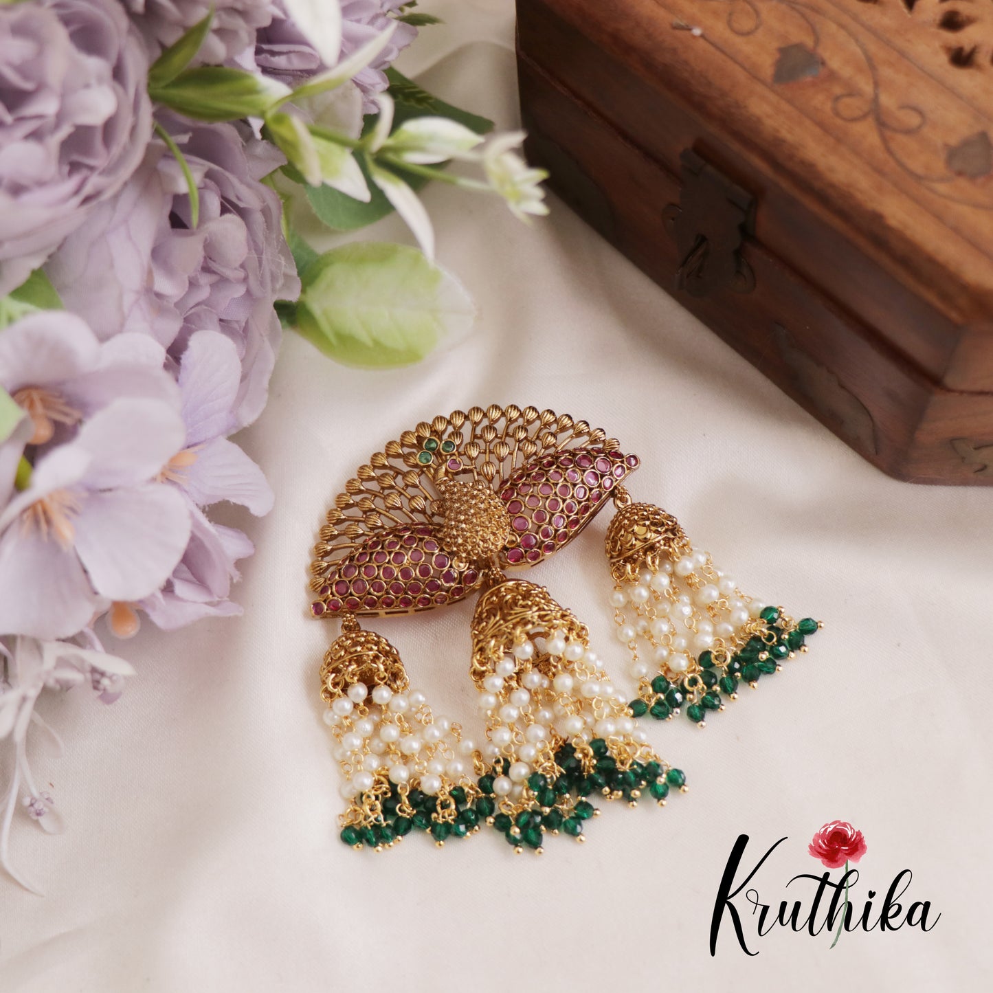 Stunning Kemp Peacock Motifs Jhumka Jada Billa With Bead And Pearl Strands J305 (Available In 2 Colors)
