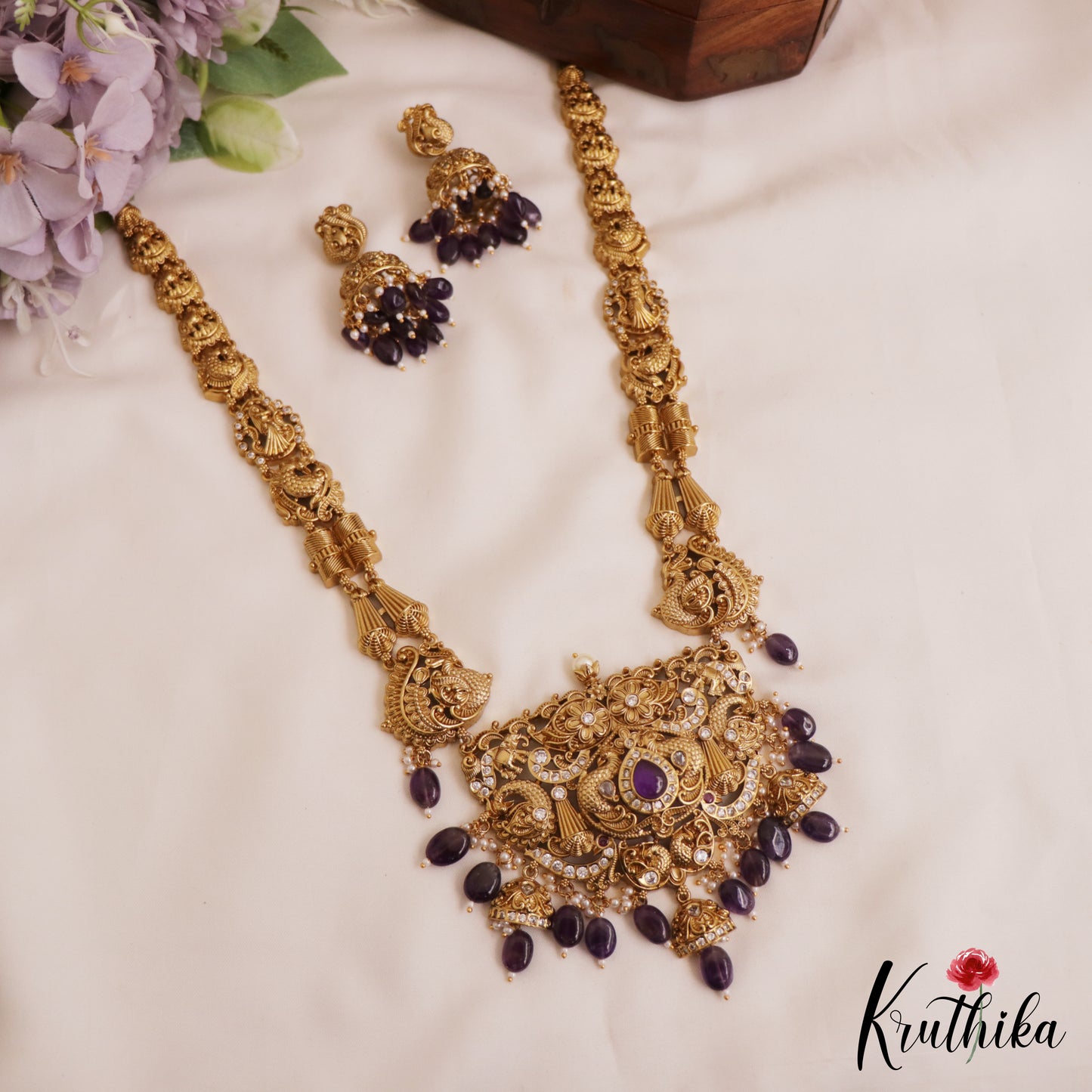 Gorgeous Antique Peacock Motifs Haaram With Bead Drops LH2055 (Available In 3 Colors)