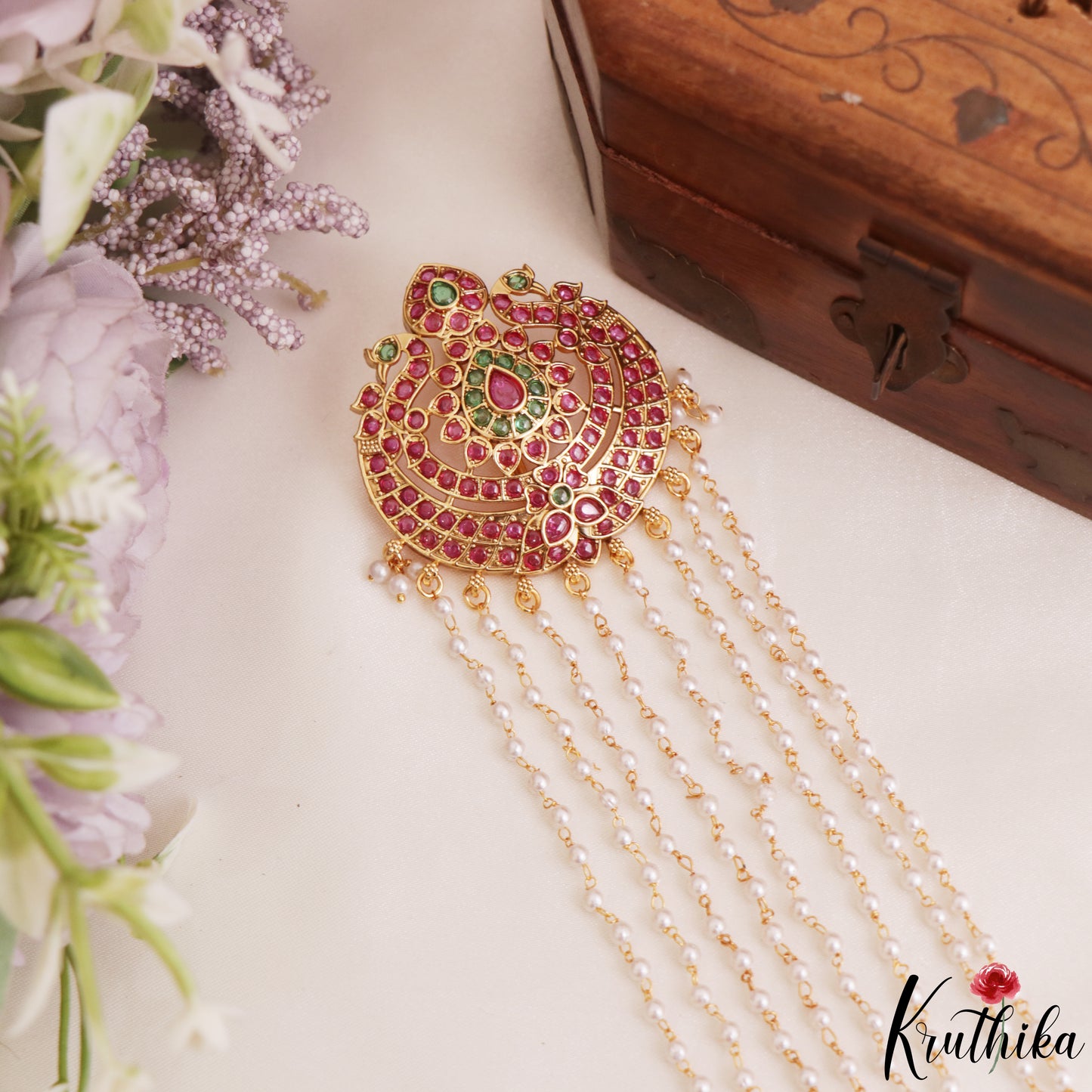 Beautiful Peacock Motifs Multi Pearl Strand Kemp Jada Billa With Golden Bead Drops J416
