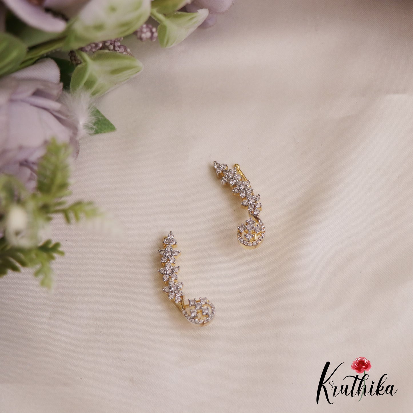 Pretty Floral Motifs AD Stones Ear Climbers E932