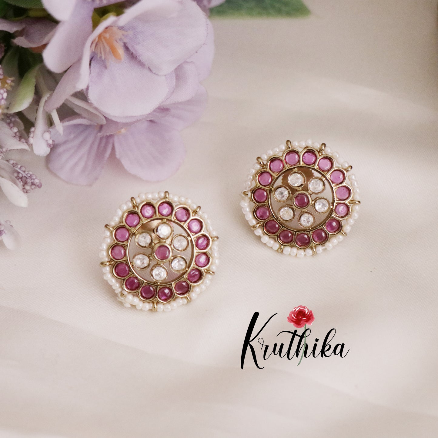 Simple Pearl Border Floral Blossom Stud Earrings E684 (Available in 3 Colors)