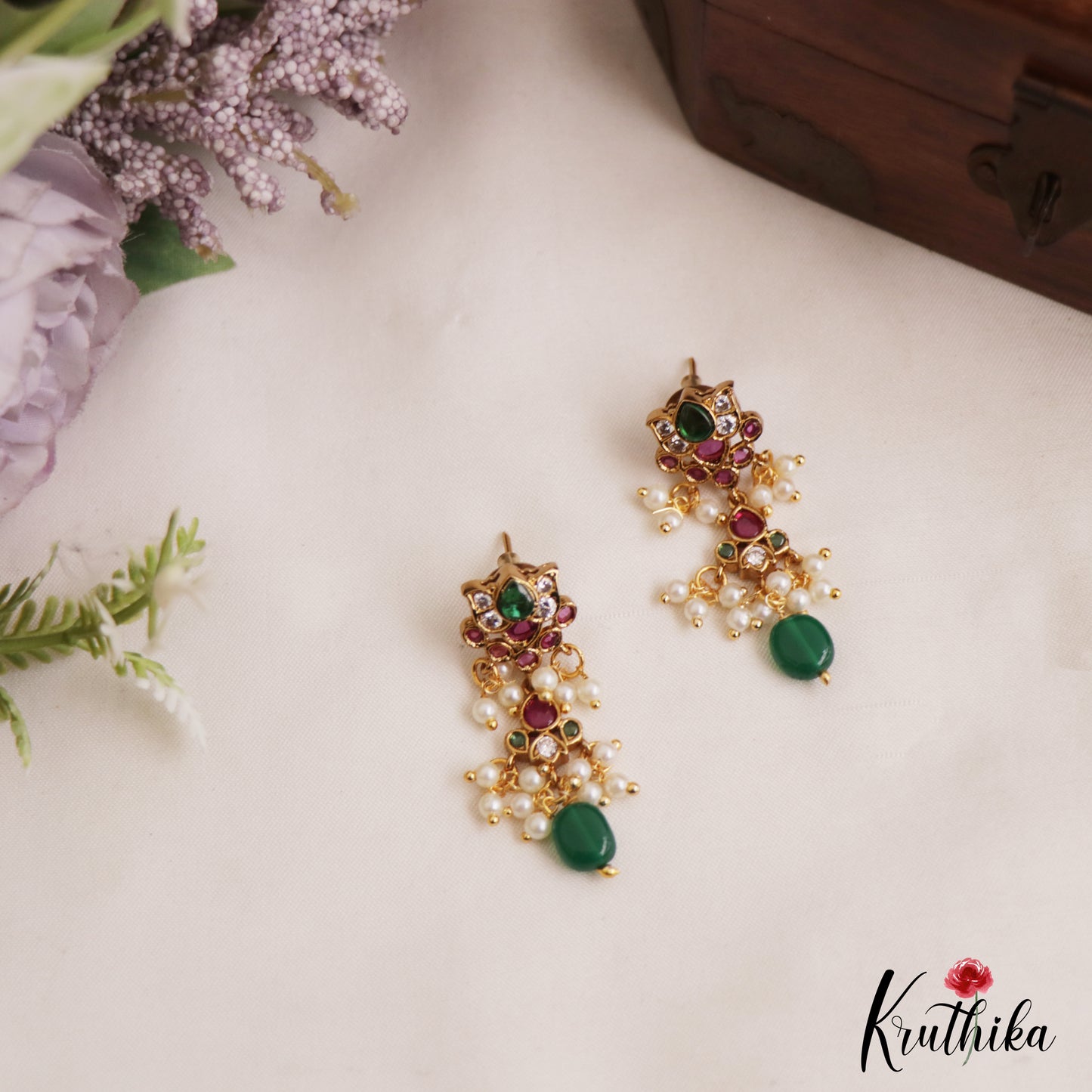 Pretty Lotus Motifs Kemp Earrings With Pearl Bead Drops E1126