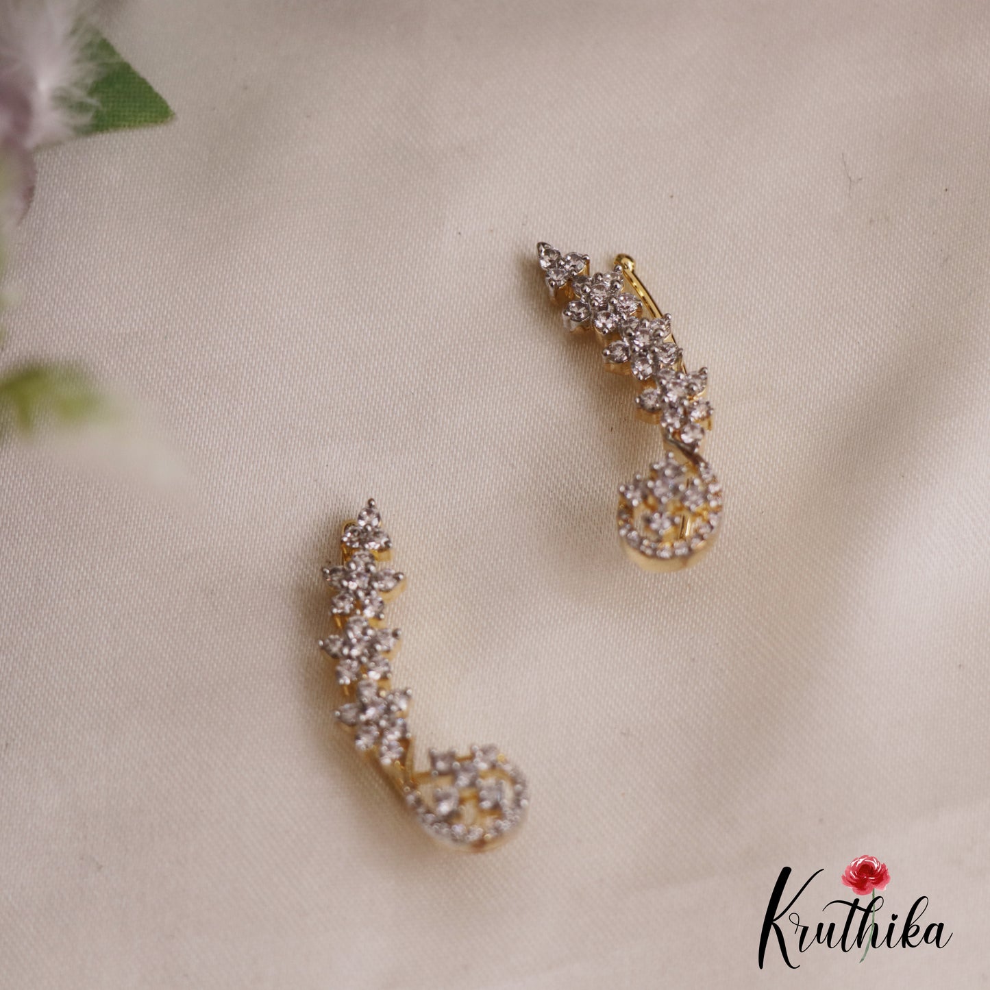 Pretty Floral Motifs AD Stones Ear Climbers E932