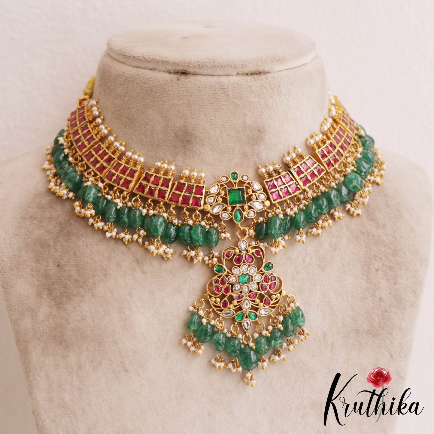 Pre-Order: Premium Floral Motifs Jadau Choker With Green Bead Drops NC2815 (Pre-Order: Shipping from 15th June)
