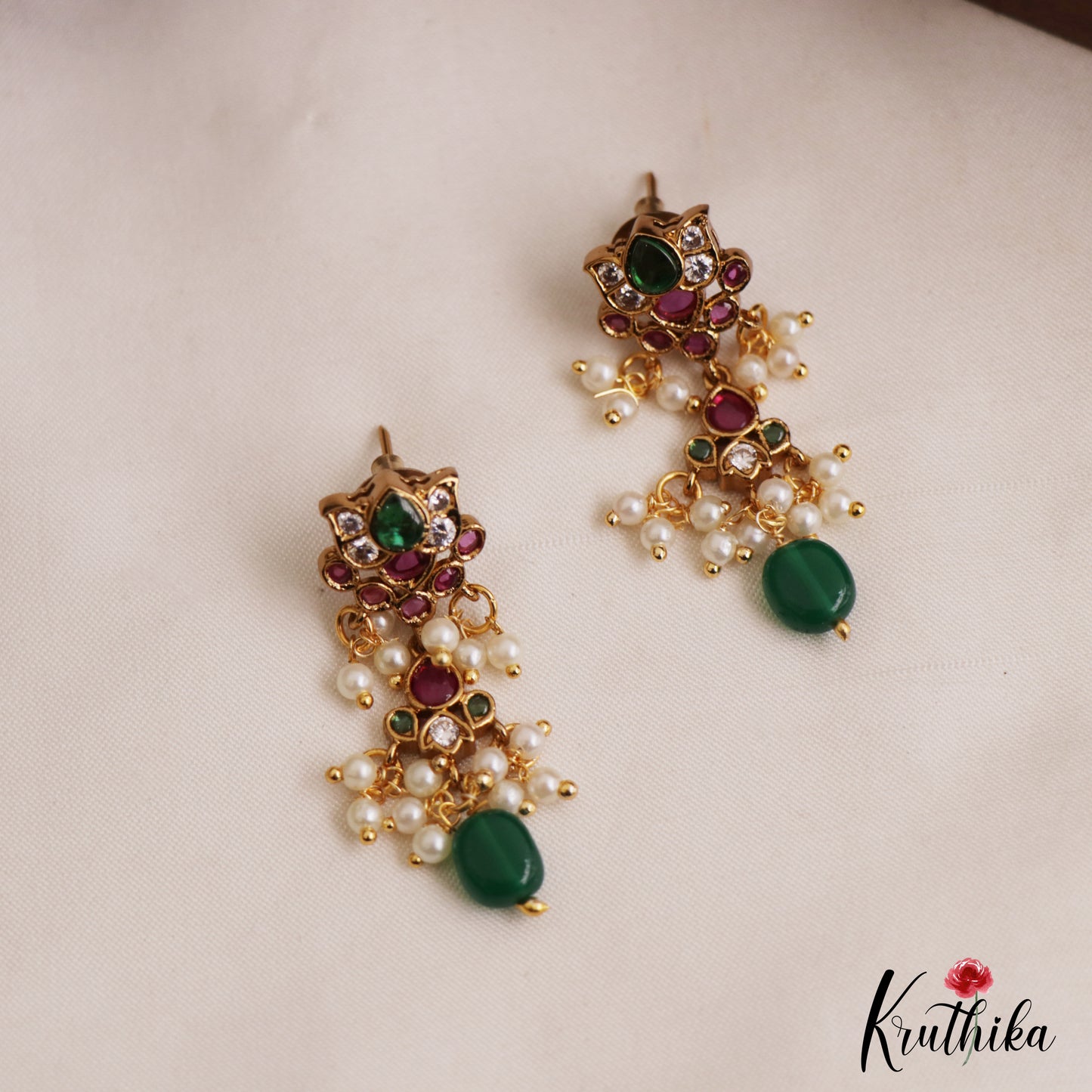 Pretty Lotus Motifs Kemp Earrings With Pearl Bead Drops E1126