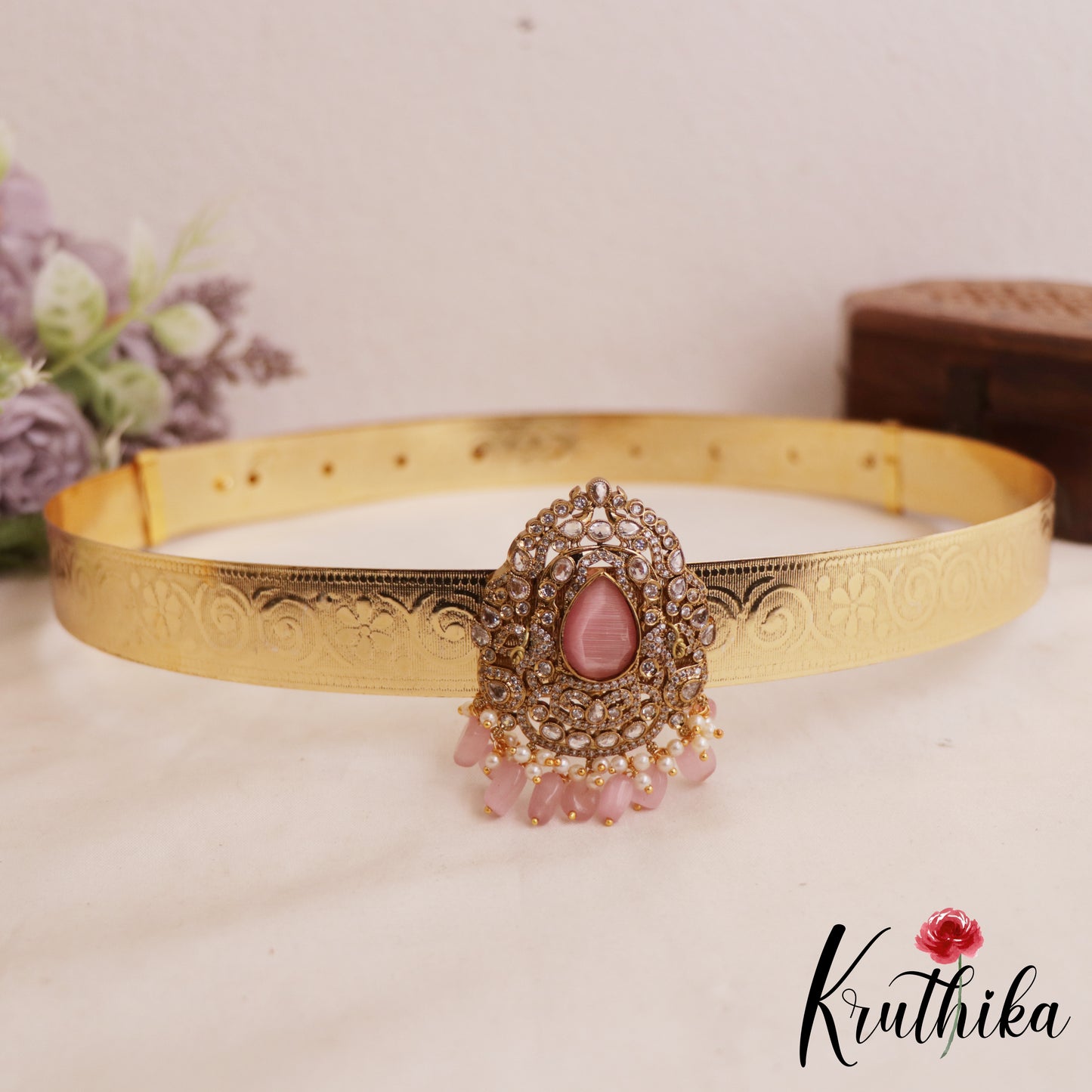 Spakling Teardrop Peacock Motifs AD Victorian Hip Belt With Bead Drops V370 (Available In 4 Colors)