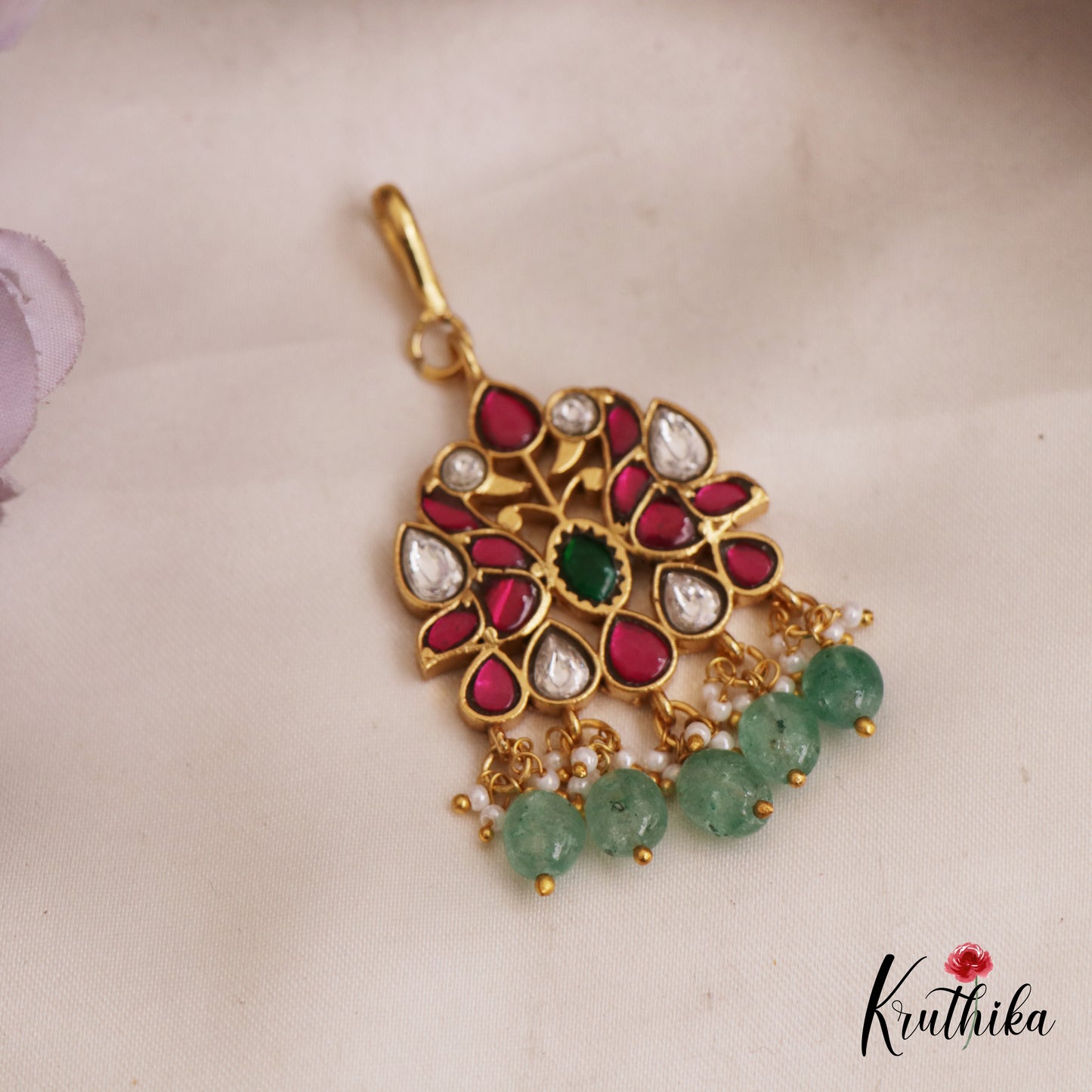 Classic Teardrop Motifs Jadau Maang Tikka With Green Bead Drops MT367