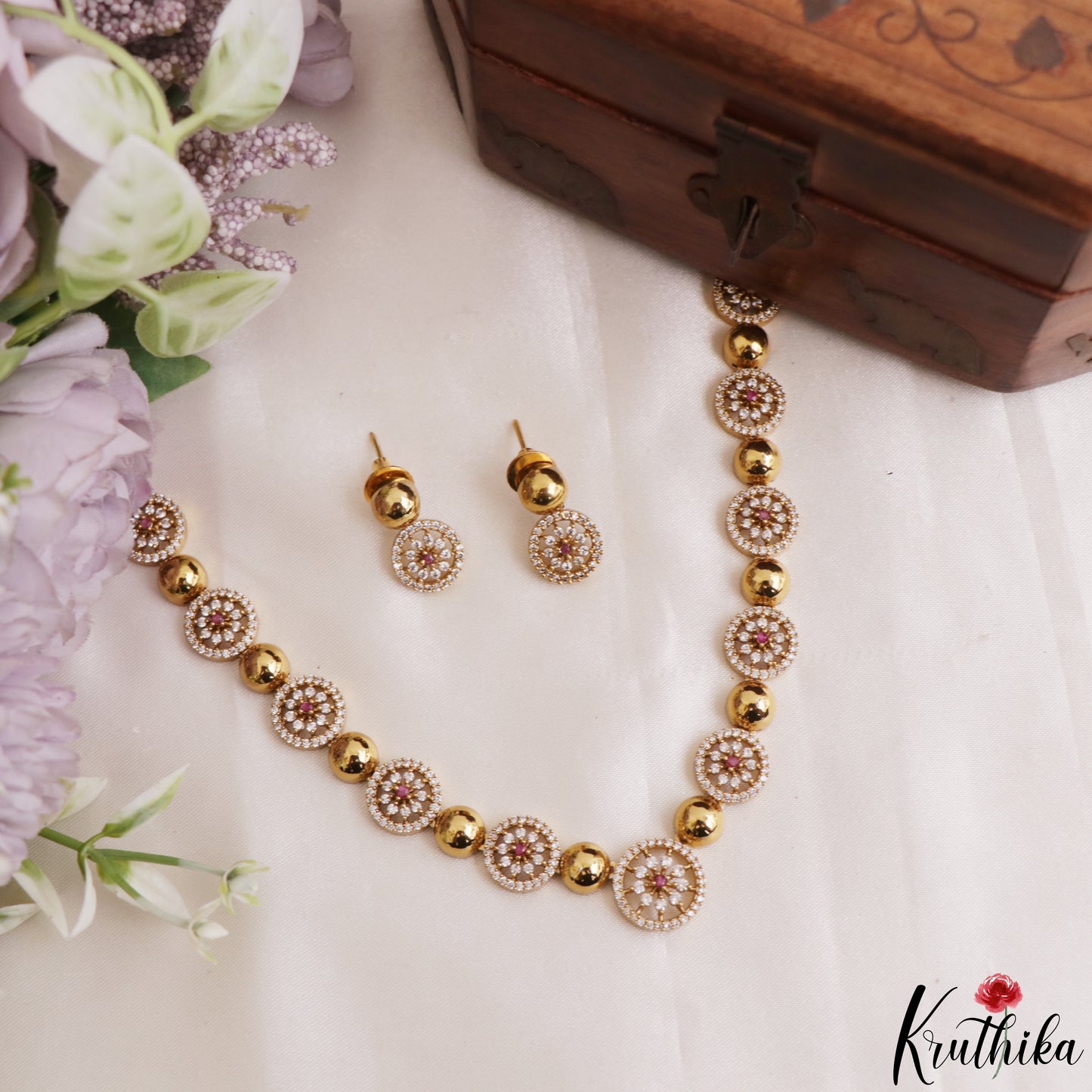 Pretty Floral Motifs Gold-Tone CZ Choker NC3225