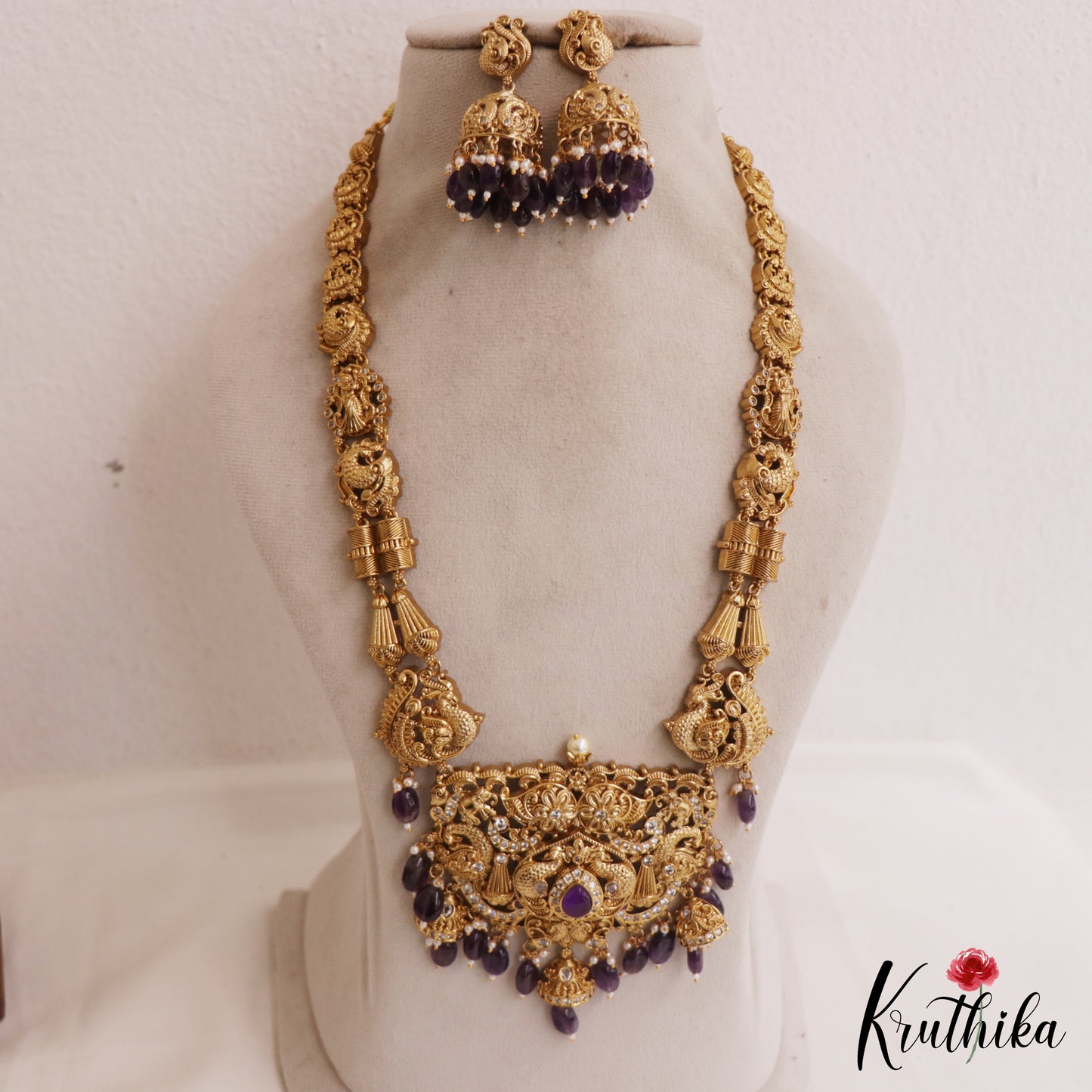 Gorgeous Antique Peacock Motifs Haaram With Bead Drops LH2055 (Available In 3 Colors)