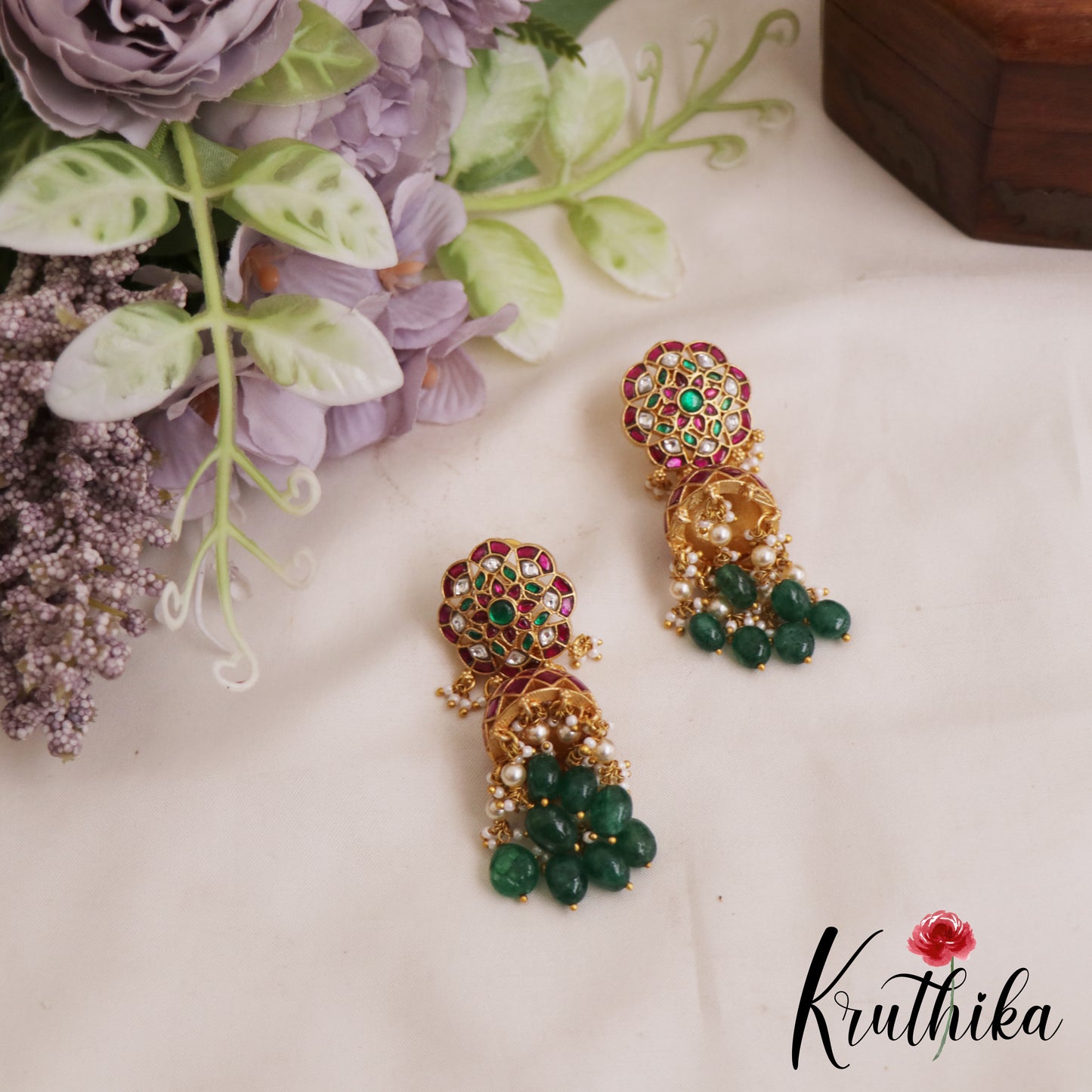 Premium Floral Motifs Jadau Jhumka With Green Bead Drops E1061