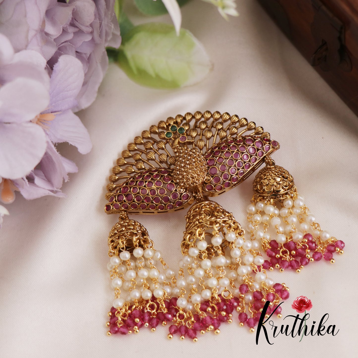 Stunning Kemp Peacock Motifs Jhumka Jada Billa With Bead And Pearl Strands J305 (Available In 2 Colors)