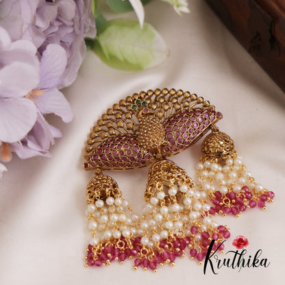 Stunning Kemp Peacock Motifs Jhumka Jada Billa With Bead And Pearl Strands J305 (Available In 2 Colors)