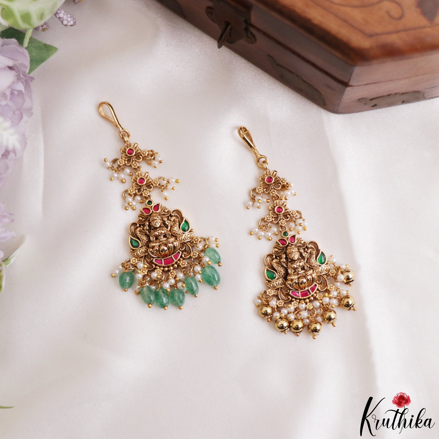 Trendy Antique Lakshmi Peacock Motifs Jadau Maang Tikka With Pearl Bead Drops MT400 (Available In 4 Colors)