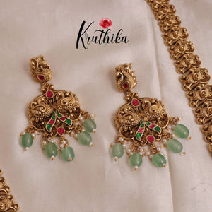 Premium Lakshmi Jadau Haaram with Pastel Green Beads Drops LH1854