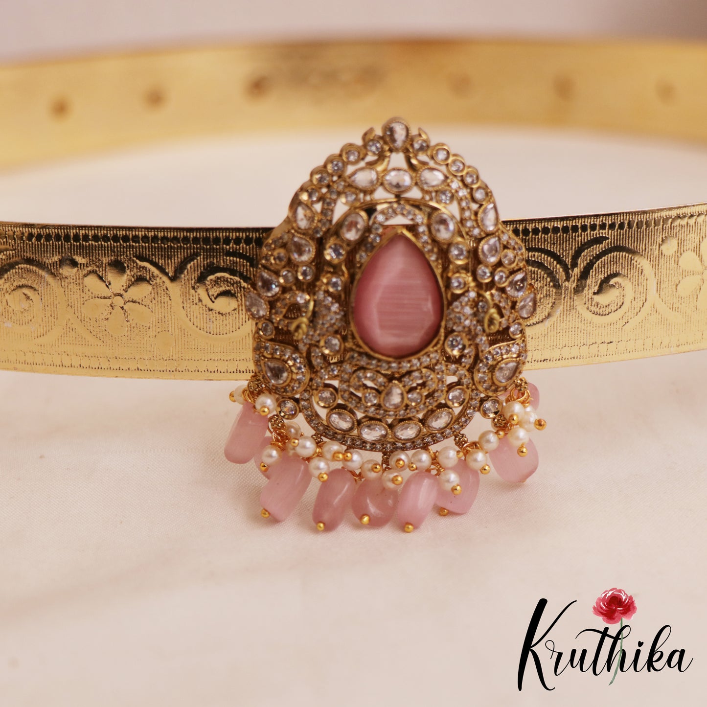 Spakling Teardrop Peacock Motifs AD Victorian Hip Belt With Bead Drops V370 (Available In 4 Colors)