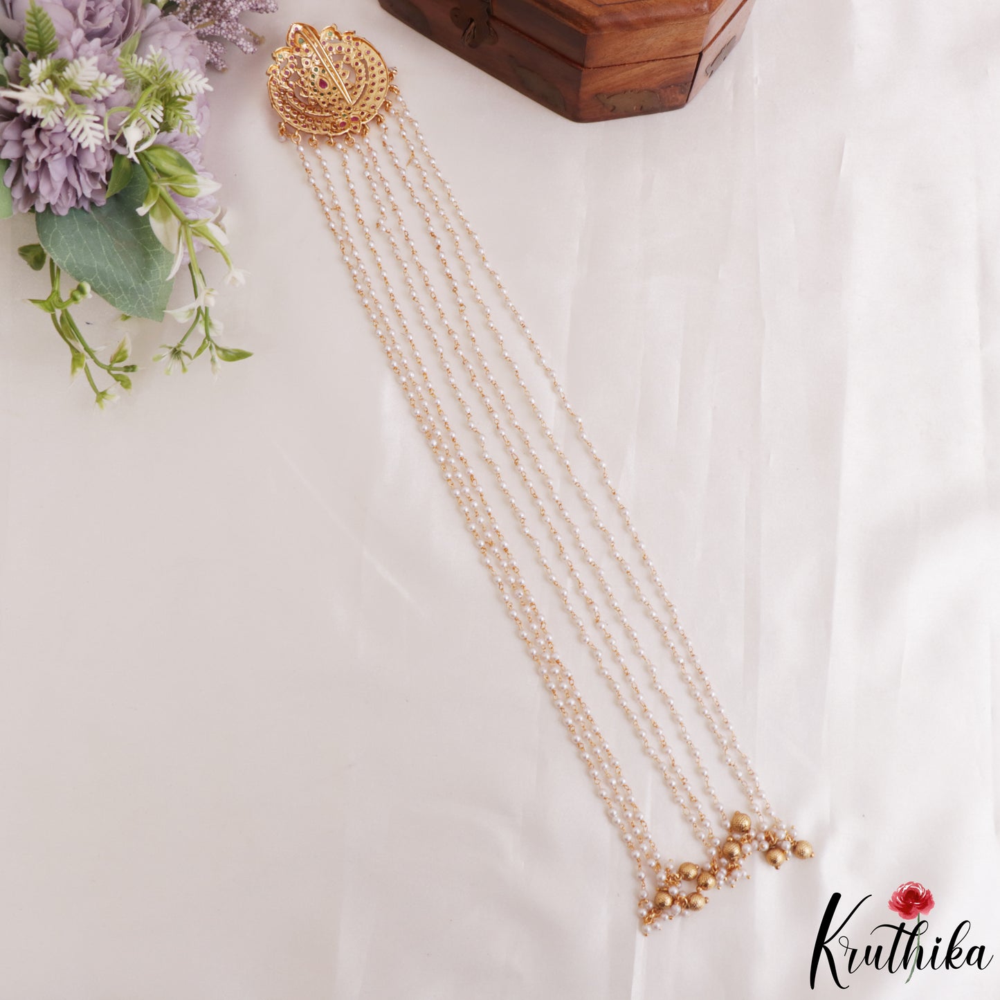 Beautiful Peacock Motifs Multi Pearl Strand Kemp Jada Billa With Golden Bead Drops J416